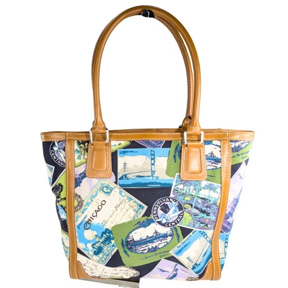 Talbots Canvas & Leather Travel Postcard Large Lined Tote Bag Novelty Passport - Picture 1 of 9